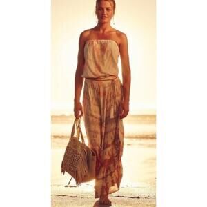 Gypsy 05 Silk Strapless Maxi Dress •S• Cream Brown Tie Dye Tube Anthropologie